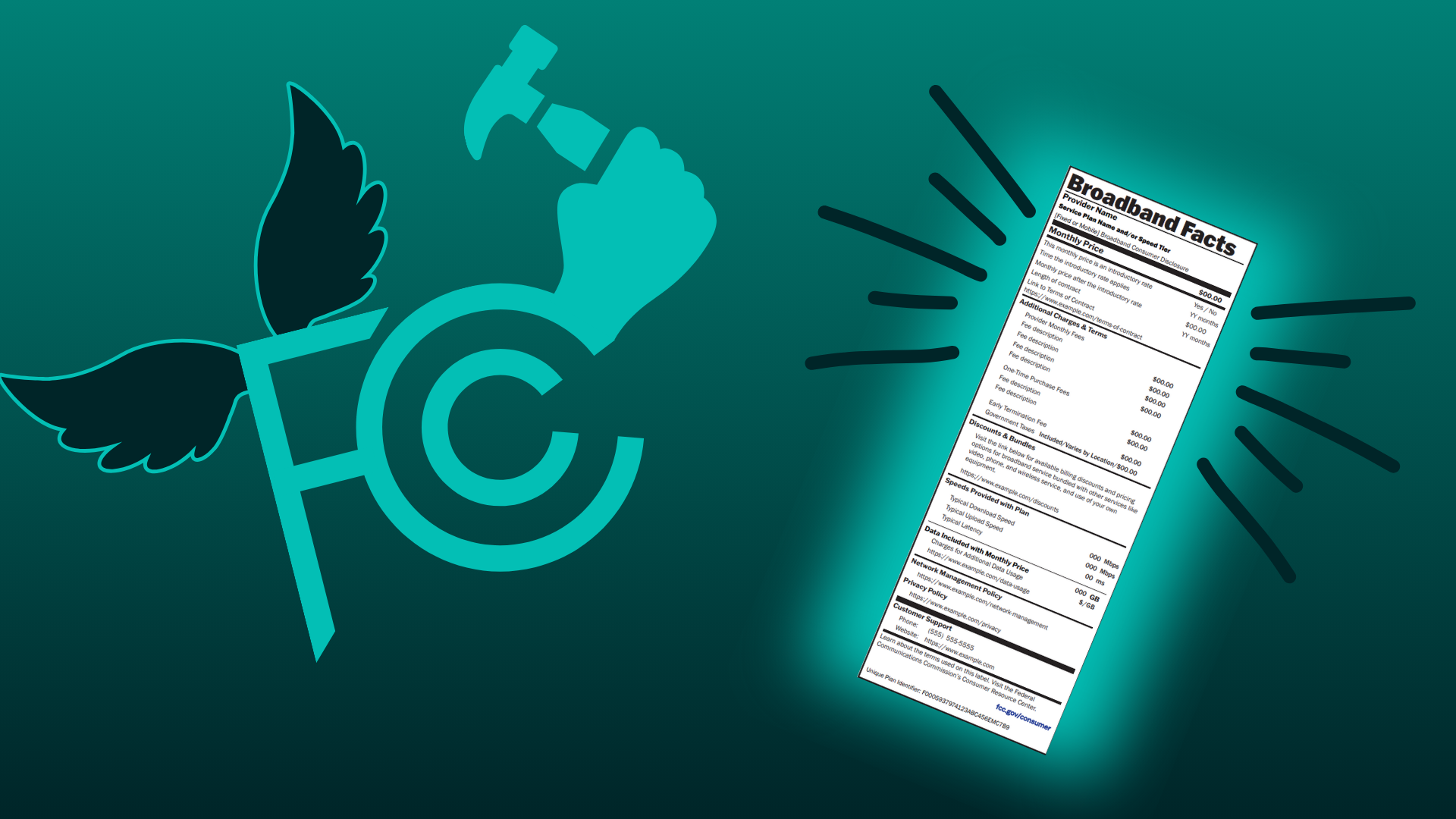 FCC logo combined with wings and a hand holding a hammer next to an internet nutrition label example